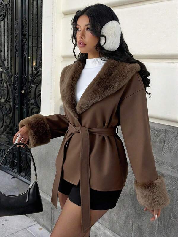 SHEIN EZwear Chaqueta de lana y plumón de camello elegante y de moda para mujer en invierno, adecuada para otoño e invierno, para salir, volver al colegio y usar en la calle