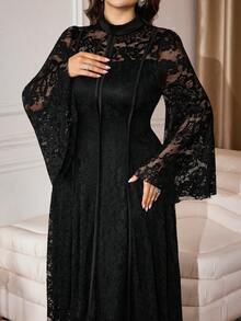 Modelyn 大码女式针织蕾丝镂空喇叭袖拉链后背优雅派对喇叭裙 - 黑色 - 查看 7