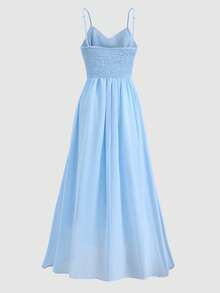 SHEIN Pitira 少女蓝色水晶缎面亮片亮片腰部喇叭形 A 字形摆领派对礼服，优雅正式礼服 - 藍色 - 查看 3