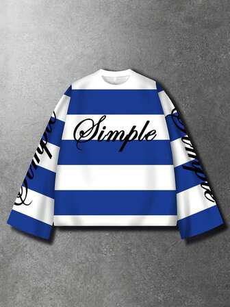 Street Life Camiseta de cuello redondo oversize con gráfico de letras y rayas azules y blancas para hombre