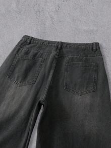 Manfinity Denimwave 男士长款黑色牛仔阔腿裤，带拉链和艺术感十足的红色龙纹装饰，宽松舒适，Y2K风格龙纹印花裤 - 黑色 - 查看 4