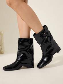 CUCCOO CHICEST Women's Autumn/Winter New Arrival Metal Bow Square Toe Block Heel Elegant Sweet Commute Casual Fashion Personalized Comfortable Black Faux Leather Patent Leather Ankle Boots, Suitable For Afternoon Tea, Date, Fashion Party, Workplace, Collegiate, Streetwear,, Basic Versatile, Christmas, Thanksgiving, New Year - Black - View 4