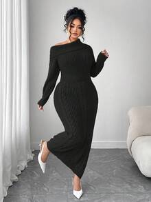 Elenzga 女士加大码宽松长袖毛衣连衣裙，露肩设计，休闲外套，大码，秋冬款 - 黑色 - 查看 3