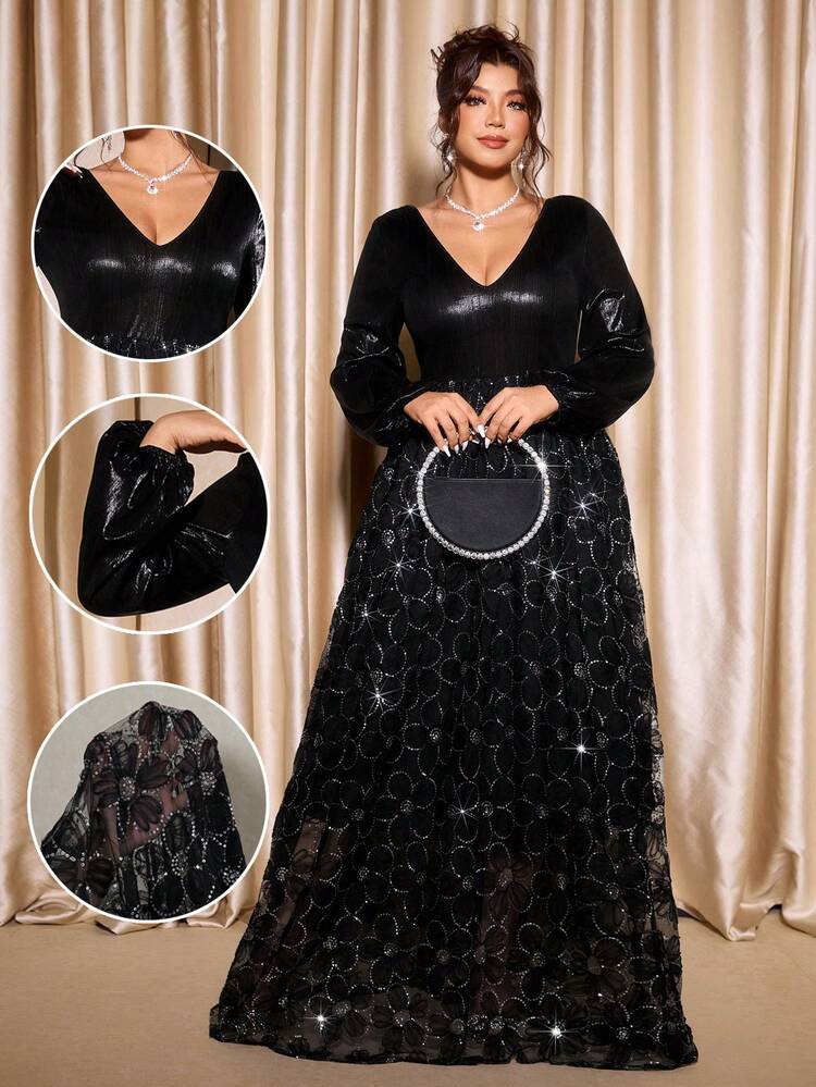 Allurite Christmas Plus Size Women's Black Long Sleeve Dress,Autumn Elegant Formal Evening Wedding Guest V-Neck Maxi Dress With Sequin Floral Mesh Skirt