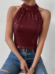 RosyDaze 女士酒红色系带露背亮片吊带上衣，无袖弹力性感上衣，适合约会/派对/夜店/街头/情人节/生日/圣诞节/万圣节/春夏秋冬/商务休闲/音乐会/办公室/新年/婚礼宾客等场合穿着。 - 酒紅色 - 查看 4