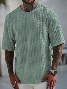 Manfinity CasualCool 男士休闲纯色纹理短袖T恤，夏季男士针织上衣针织衫男士休闲上衣男士时尚上衣 - 綠色 - 查看 5