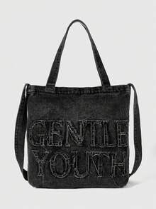 ROMWE Grunge Punk 极简风格毛边字母设计牛仔帆布手提包，纯色大容量单肩包，适合女性日常使用，上班通勤学校手提包，学校书包，便携，可折叠，商务休闲，适合少女女大学生，教师，新人及白领大学生，度假，海滩，假日，购物，适合读书周的学院风书包，时尚拉链手提包，牛仔女孩的完美选择 - 黑色 - 查看 2