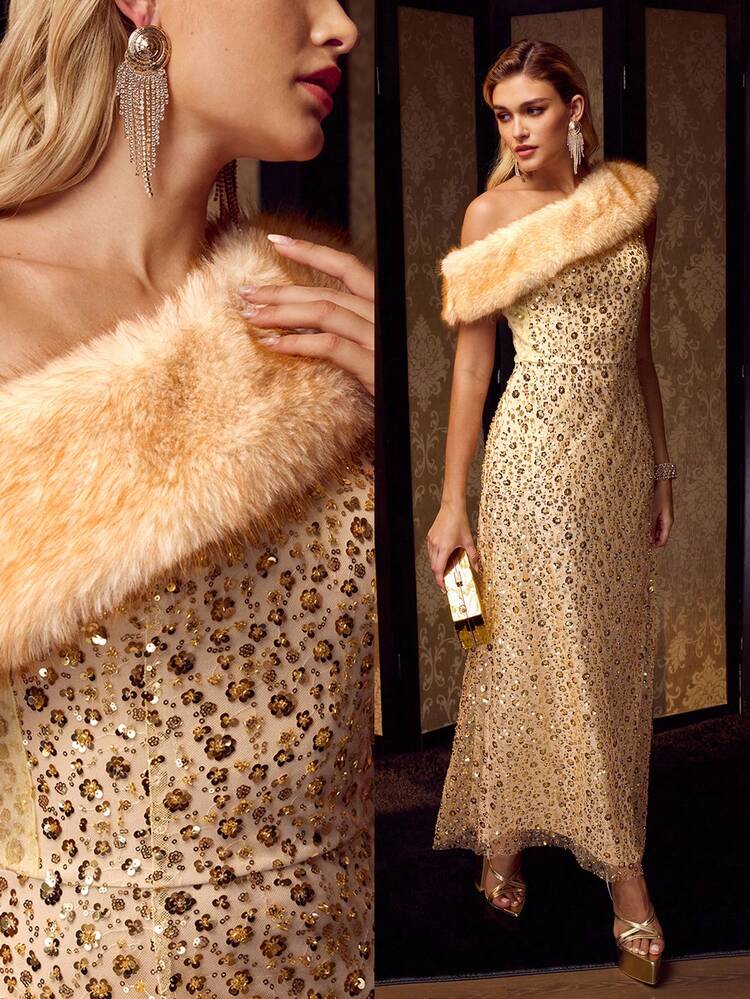 MOTF Soiréza Abito da sera lungo da donna con ricamo pesante di perline, patchwork in pelliccia sintetica e orlo asimmetrico