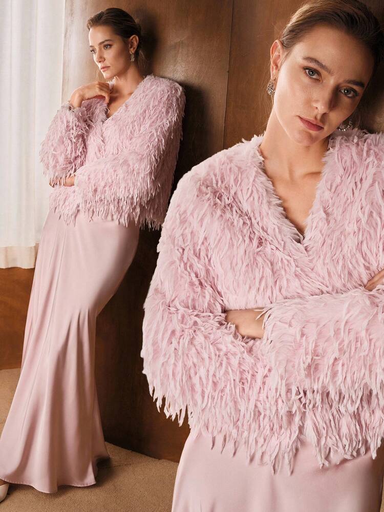 V NECK LONG SLEEVE FAUX FUR COAT FOR AUTUMN & WINTER