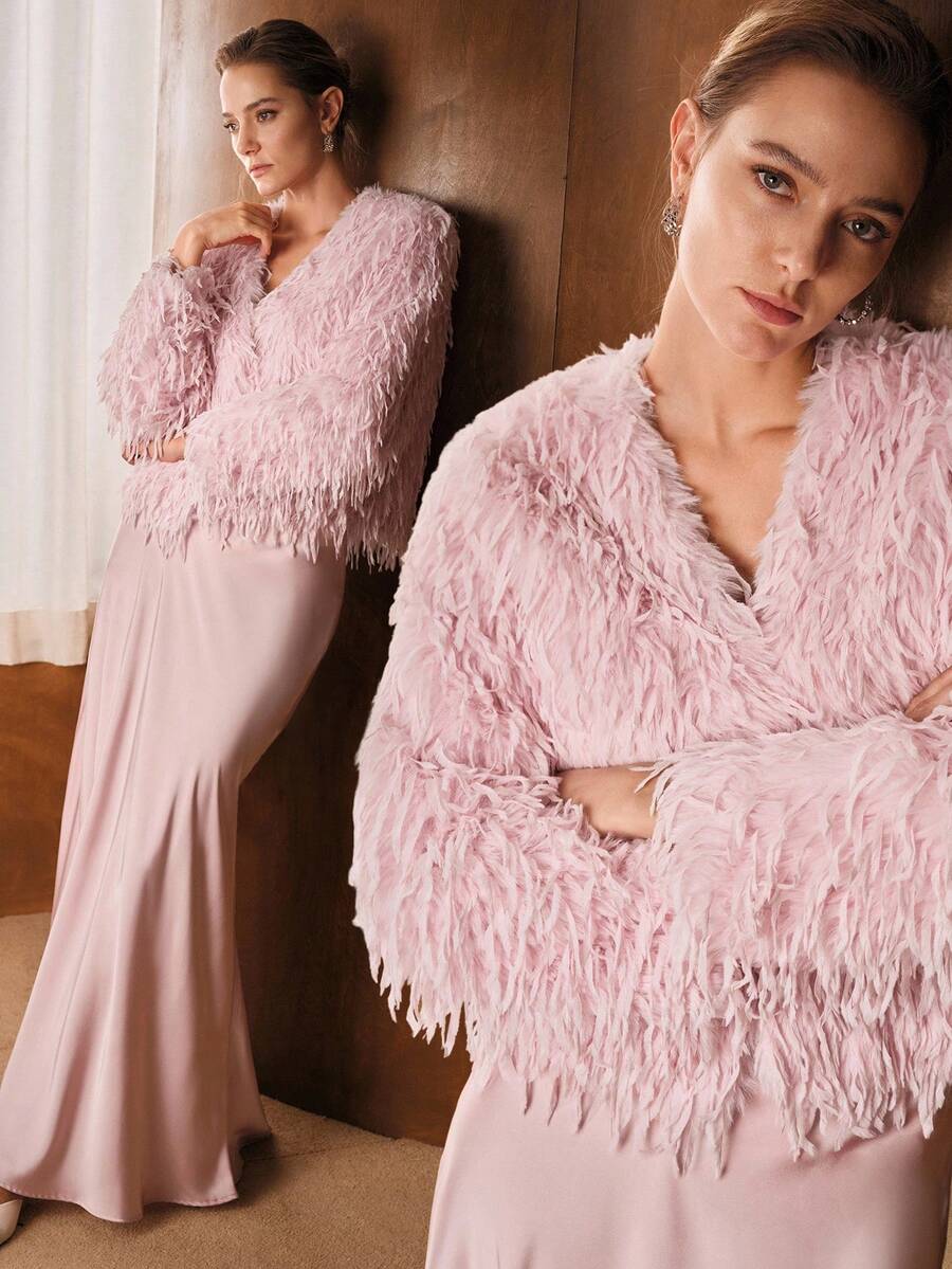 MOTF PREMIUM V NECK LONG SLEEVE FAUX FUR COAT FOR AUTUMN & WINTER