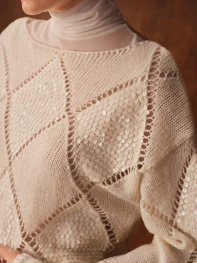ELEGANT PARTY SEQUIN RHOMBUS HOLLOW BOAT NECK SWEATER, AUTUMN/WINTER
