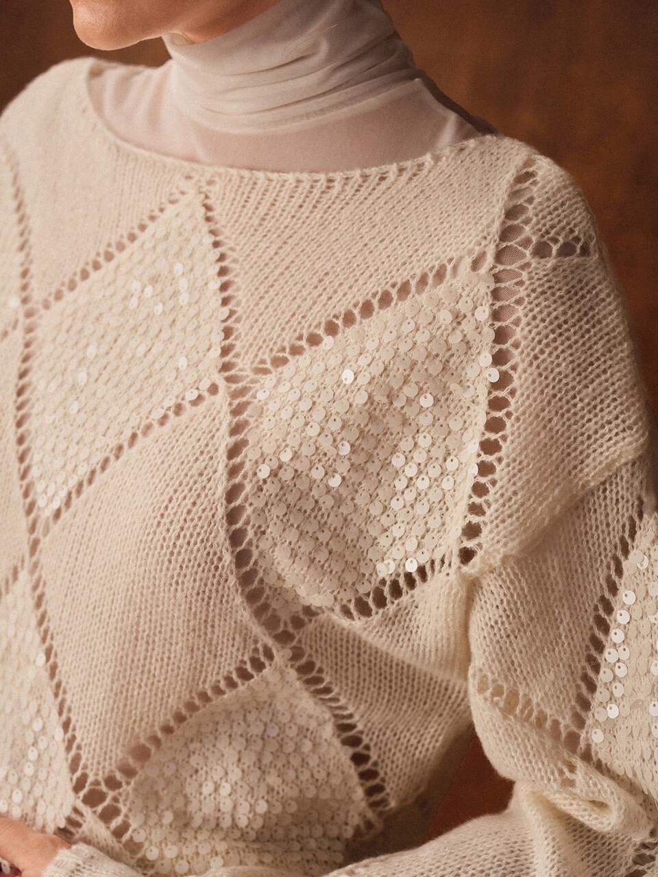 ELEGANT PARTY SEQUIN RHOMBUS HOLLOW BOAT NECK SWEATER, AUTUMN/WINTER