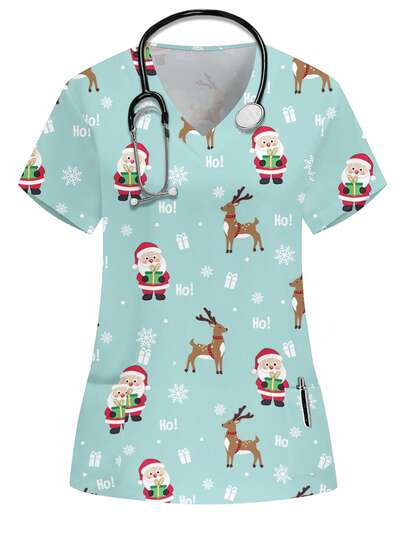 PopScrub Christmas Blue V-Neck Short Sleeve Double Pocket Cute Santa Claus, Snowflake, Reindeer, Cartoon Print Nurse/Doctor Uniform Top, Health Check Surgery Uniform, Solid Color Pet Grooming Uniform Top, Nutritionist Work Uniform Short Sleeve, Multi-Pocket Functional Lab Workwear