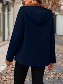 SHEIN LUNE 女士纯色保暖连帽衫，带口袋，常规版型，休闲日常外套，秋冬款 - 藏蓝色 - 查看 2