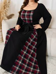 Lacomfia Plus Size Women Casual Knit Patchwork Plaid Waist Belt Dress