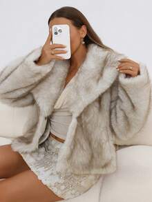 Almamuse Women's Faux Fur Collar Long Sleeve Short Jacket, Autumn/Winter - Light Grey - View 5