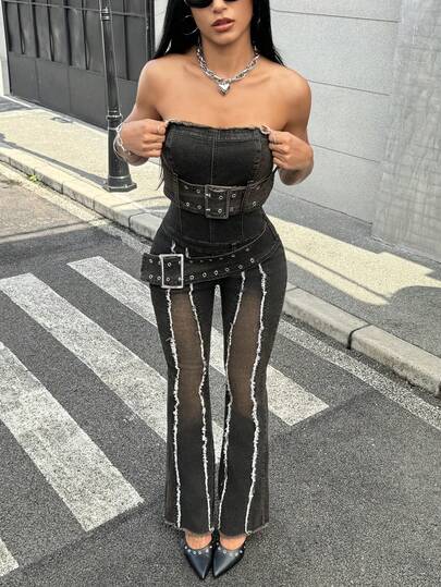 Jeanoix Y2K Metal Buckle Waist Decor Cropped Frayed Hem Stretch Denim Jumpsuit