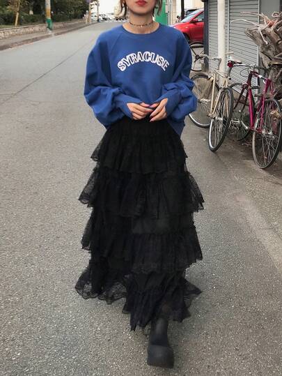 FRIFUL Women's Solid Color Elastic Waist Contrast Lace Pleated Skirt, Loose Casual Versatile Long Skirt, Autumn/Winter