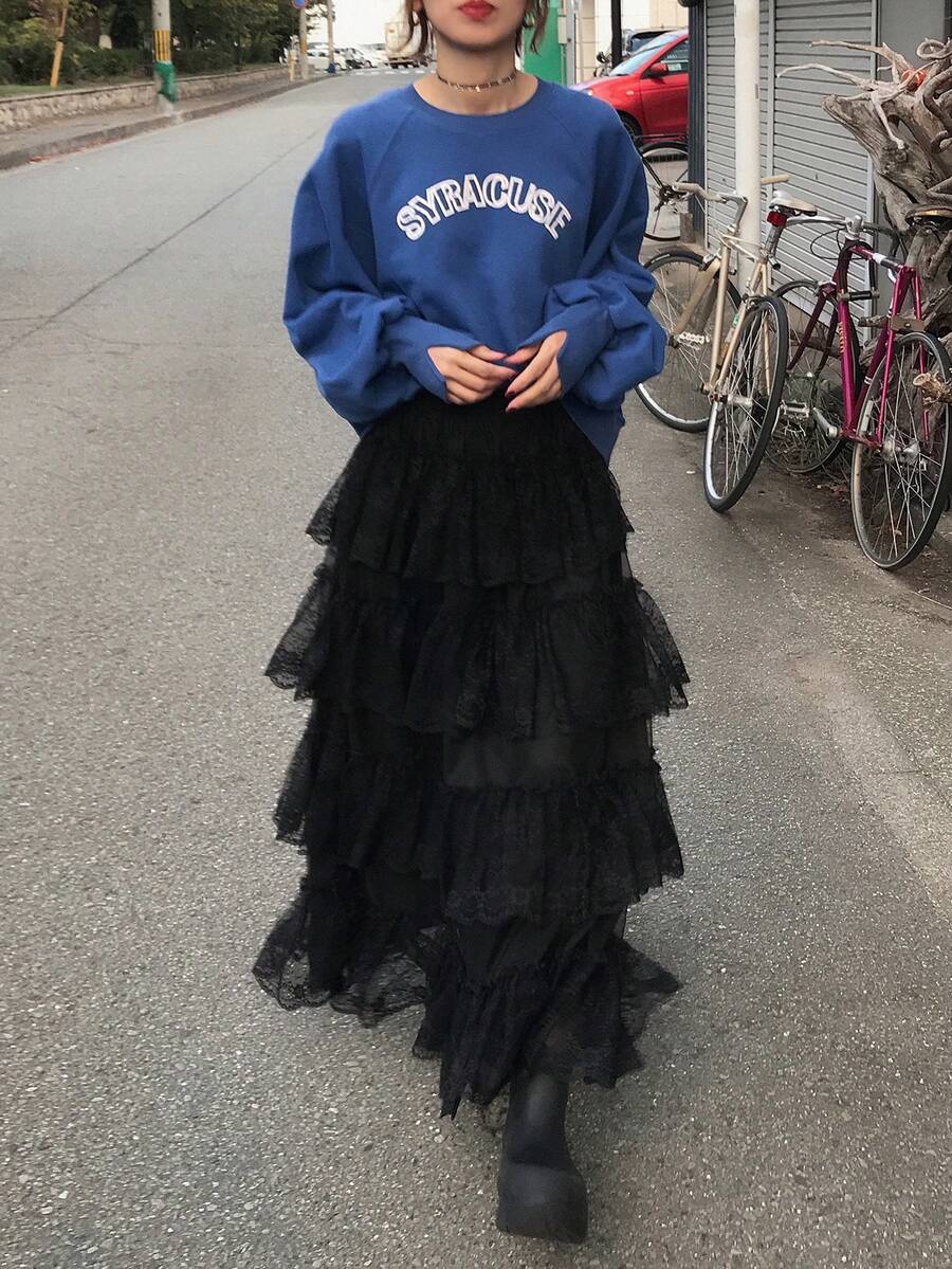 FRIFUL Women's Solid Color Elastic Waist Contrast Lace Pleated Skirt, Loose Casual Versatile Long Skirt, Autumn/Winter - Black - View 1