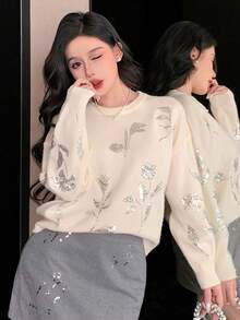 DAZY 女士宽松花卉亮片装饰圆领长袖休闲优雅针织毛衣，秋冬嘉年华 - 米色 - 查看 6