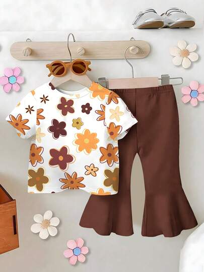 2pcs Baby Girls Floral Cartoon Print T-Shirt And Flared Pants Set, Cute And Lively, Suitable For Outdoor Daily Wear, Comfortable And Versatile For All Seasons Baby 70s Outfit Baby Girls Summer Set Brown Baby Bell Bottom Outfit Brown Toddler Outfit Girl Flower Two Piece Set Toddler