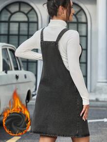 SHEIN Tall 女款素色休閒牛仔洋裝，適合高個女性 - 黑色 - 查看 2