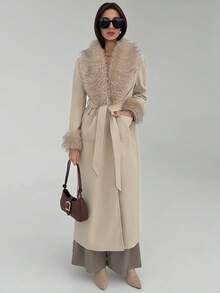 Aloruh Damen eleganter Mantel mit Kunstfellbesatz an Ärmeln und Kragen, Herbst/Winter - Khaki - Übersicht 8