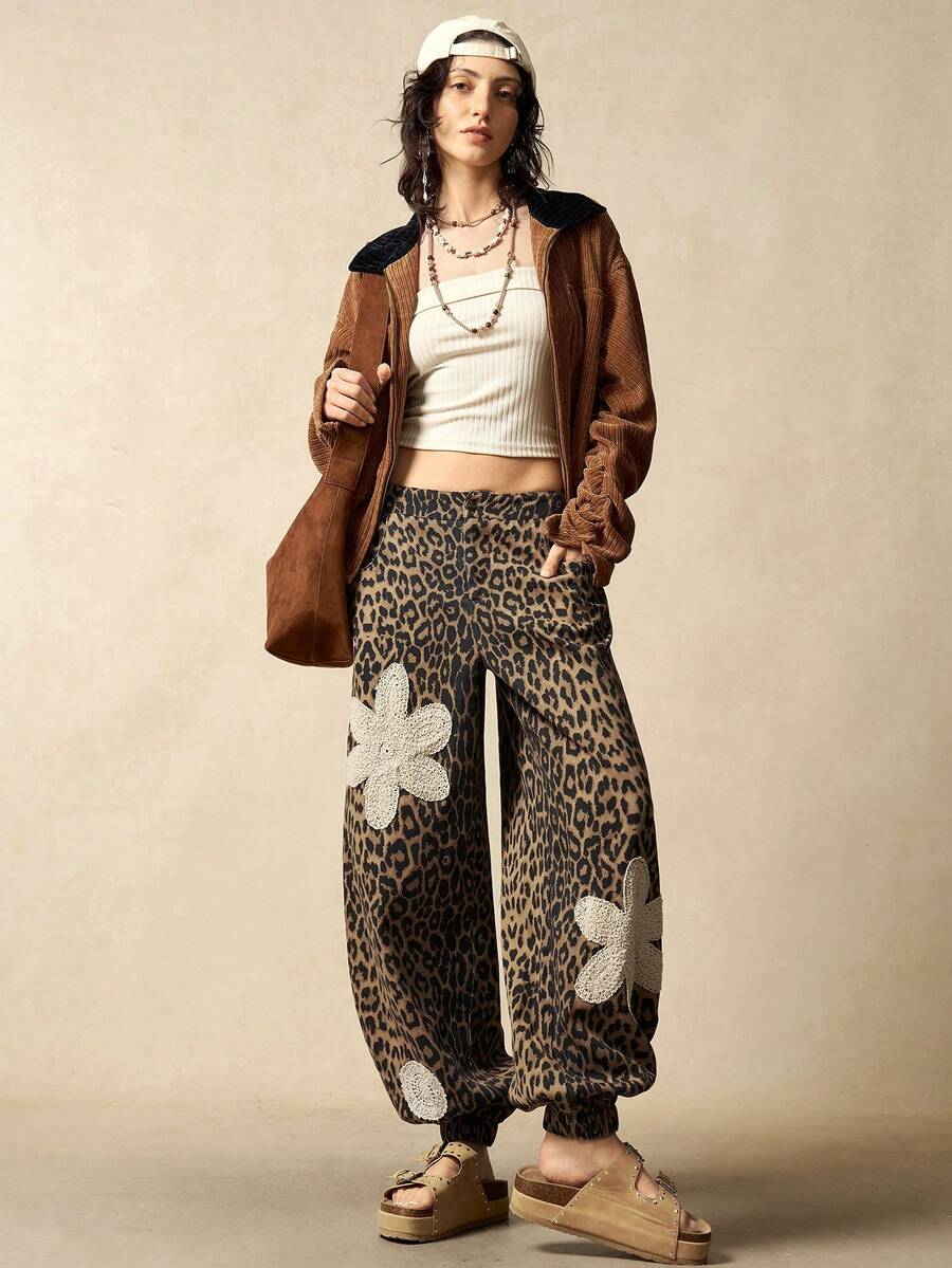 Bohemela 女士休闲豹纹宽松裤，适合冬季、圣诞节、新年穿着 - 棕色 - 查看 1