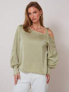 COSMINA Blusa de manga larga con cuello asimétrico y corbata, elegante y versátil para ir a la oficina o para uso diario, apta para todas las estaciones - Caqui - Ver 1