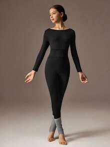 SHEIN Schlanksitz Ballettanzug für Teenager Mädchen, langärmlig, geeignet für Sport, Laufen, Radfahren, Fitness, modischer goldener Dekor schwarzer Jumpsuit mit hoher Dehnbarkeit und Komfort - Schwarz - Übersicht 4