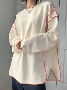 FRIFUL Women's Casual Loose Fit Round Neck Drop Shoulder Long Sleeve T-Shirt - Apricot - View 3