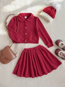 SHEIN 2pcs Young Girls Elegant School Style Christmas Red Striped Collared Cardigan And Mini Skirt Set,Perfect For Autumn,7th Birthday,Parties,Daily Wear - Red - View 2