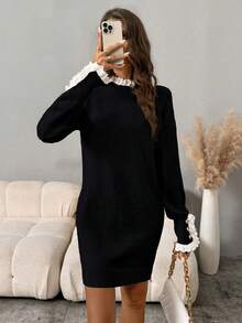SHEIN LUNE Women's Contrast Color Ruffle Trim Long Sleeve Dress - Black - View 6