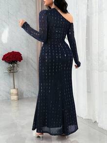 Feyla 女士优雅褶皱腰身不对称下摆亮片装饰中长连衣裙 - 藏蓝色 - 查看 2