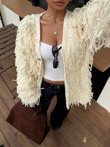Ritzy Row Women's Casual V-Neck Metal Button Elegant Tassel Drop Shoulder Cardigan Sweater Fringe Cardigan Women Knitted Fringe Sweater Fringe Tops Fringe Clothing Women Summer Sweaters For Women - Beige - View 6
