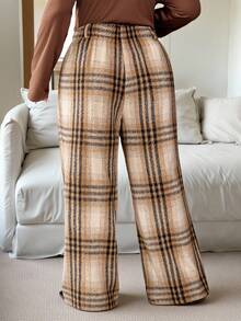 Flirla Plus Size Women Elegant Khaki Plaid Slant Pocket Straight Leg Pants, Autumn/Winter Plaid Pants Pattern Pants Western Pants Checkered Pants - Khaki - View 2