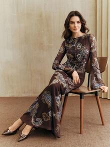 Anewsta Elegant Design Cashew Random Print Slim Fit Dress, Vacation Outfits For Women, From Spring To Summer - Multicolor - View 5