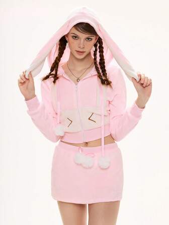 Kawaii Set da 2 pezzi da donna con orecchie e coda di coniglio in peluche, in tessuto a contrasto di colore