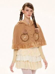 ROMWE Kawaii 女士可爱泰迪熊拼接连帽斗篷，棕色 - 棕色 - 查看 4