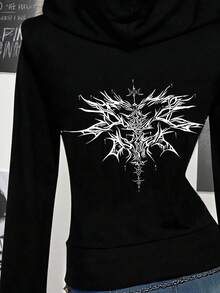 SHEIN ICON Áo khoác trùm đầu dáng ôm in họa tiết cánh phong cách Punk Gothic cổ điển, phong cách Y2K, thích hợp mặc khi đi chơi và đi sân bay - màu đen - Xem 3