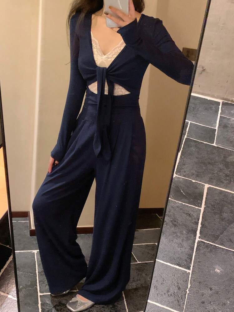 Women's 2 In 1 Lace Patchwork Wrap-Style Tie-Front Long Sleeve Top And Straight-Leg Pants Elegant Casual 2-Piece Set