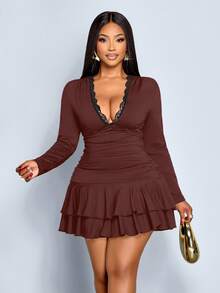 SOLERSUN Autumn And Winter Plus Size Women's Early Autumn Black Knitted Fabric Daily Leisure Party Slim Long Sleeve Deep V Neck Lace Pleated Double Ruffle Hem Small Dress Fall Cloth For Women,Fall And Winter,Black Dress,Double Layered Ruffled Hem At The Hem,Halloween,Christmas,New Year Look,Prom Dress,Graduation Dress - Brown - View 2