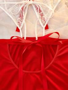 DelicateAllure Lencería de talla grande con parches de encaje de color contrastante y lazo - Rojo y blanco - Ver 7