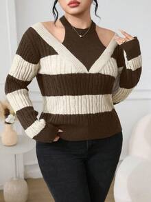 Modelyn Áo len hở vai kẻ sọc màu tương phản cỡ lớn, phong cách đường phố cho mùa thu - Lạc đà - Xem 5