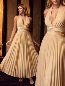 MOTF Soiréza VESTIDO DE FIESTA DE MUJER DE TERCIOPELO CON PATCHWORK Y PLIEGUES - Champán - Ver 2