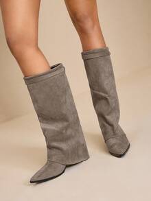 Daringsoles Giày bốt cao cổ mũi nhọn, đế dày, chất liệu da lộn, có tua rua, dáng ôm, dành cho nữ - Màu Xám nhạt - Xem 5