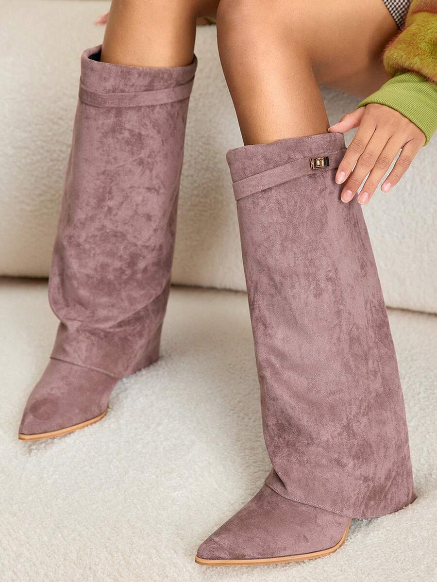 Daringsoles 女式尖头粗跟绒面西部流苏靴,修身高筒靴 - 淡紫色 - 查看 1