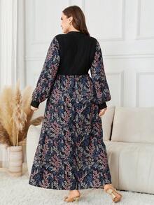 Lacomfia 印花拼接抓绒针织腰部休闲加大码女装连衣裙 - 彩色 - 查看 2