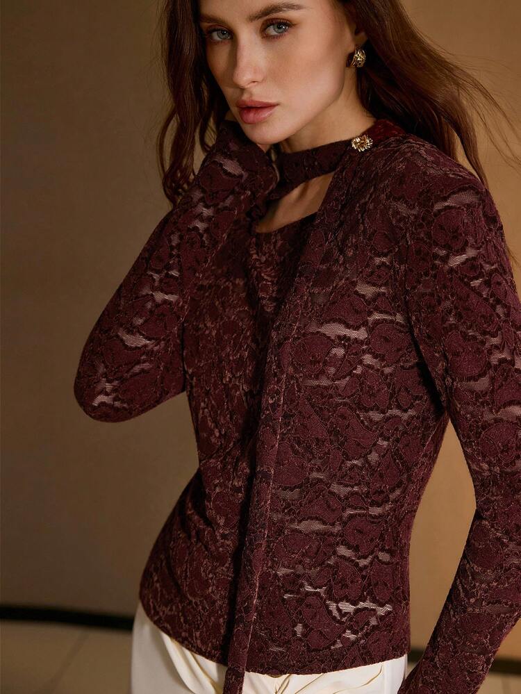 AUTUMN/WINTER BURGUNDY & REDDISH BROWN VELVET LACE TOP, VINTAGE FITTED LONG SLEEVE TEE WITH HOLLOW DESIGN, SMALL STAND COLLAR AND ASYMMETRIC HEM FOR WOMEN
