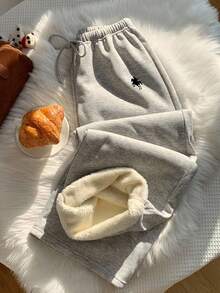 Comfortcana 女士休闲简约马匹图案抽绳腰宽松保暖运动裤，适合日常穿着和返校季